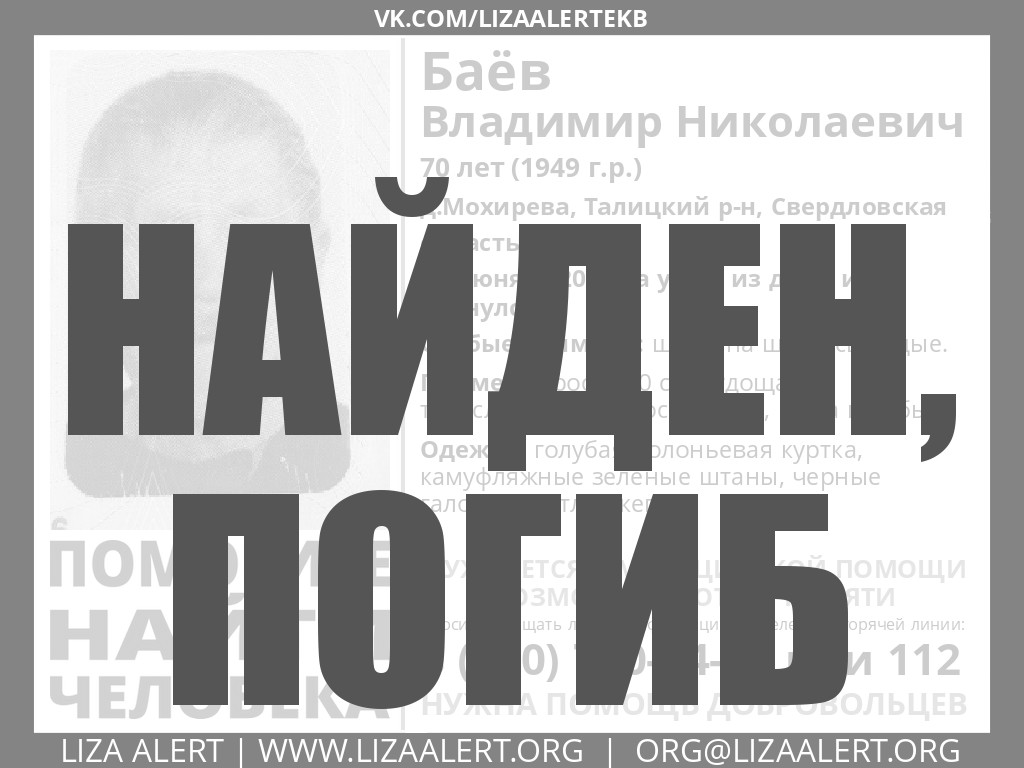 ПОГИБ Баёв Владимир Николаевич 70 лет. - ::ЛизаАлерт::  Поисково-спасательный отряд